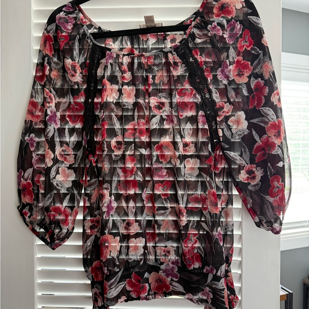 LOFT Black and Pink Puff Sleeve Smocked Blouse